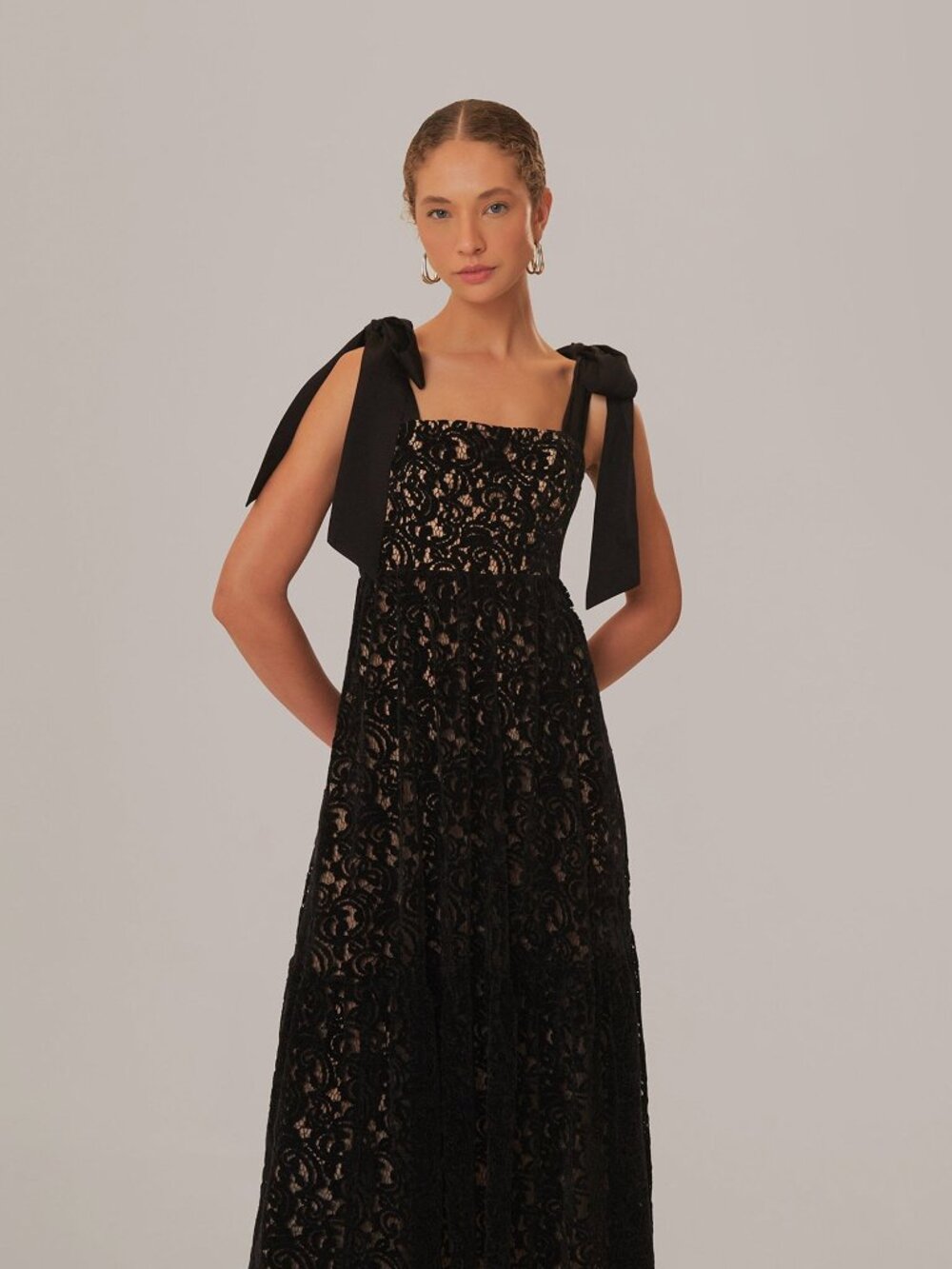 FARM Rio Black Velvet  Lace Tie-Shoulder Midi Dress
